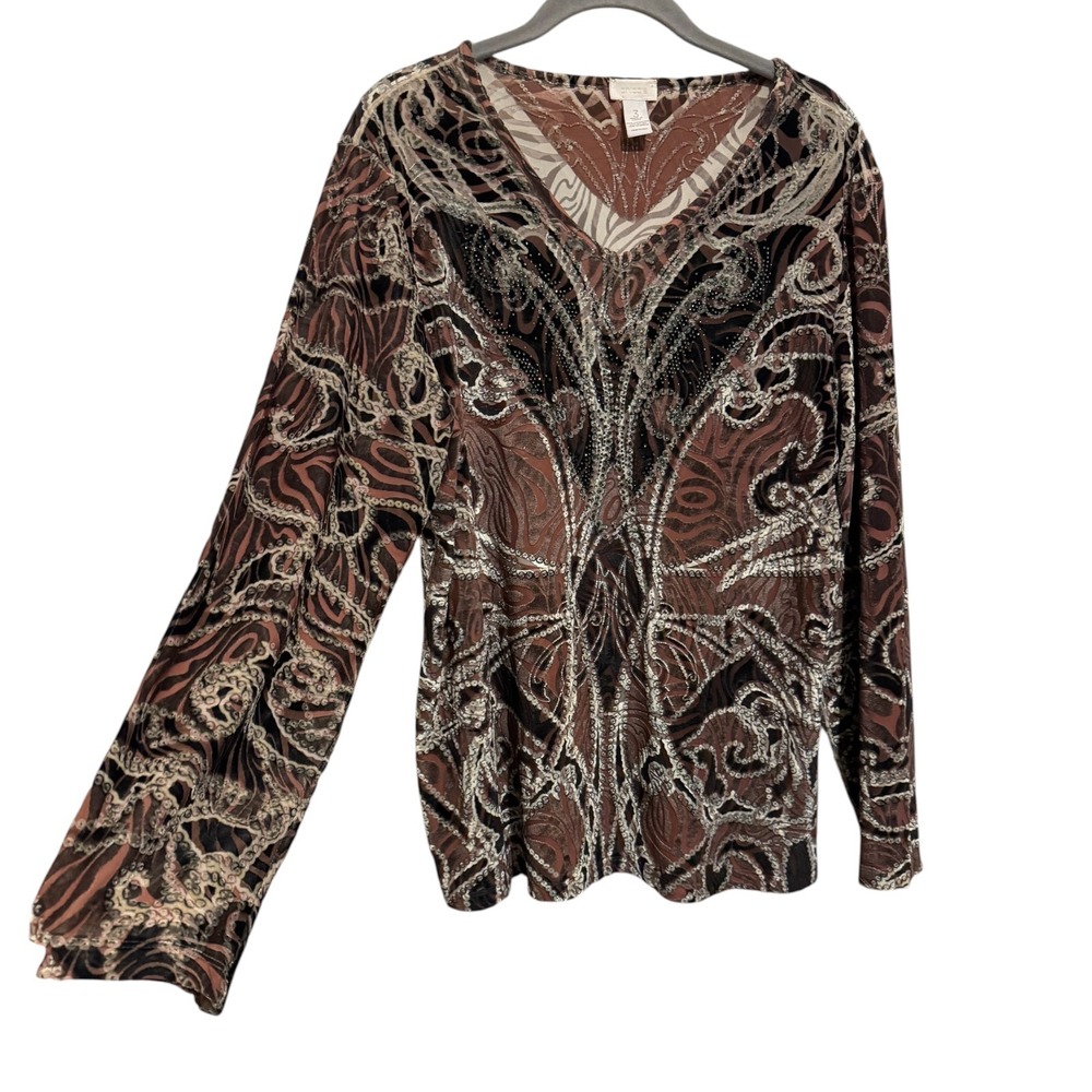 Chico's Burnout Velvet Top Women 3 (XL) Brown Y2K Whimsigoth Beaded Art to Wear